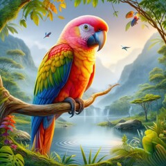 A hyper-realistic illustration of a parrot, sat on a branch, in a beautiful nature scene. 04