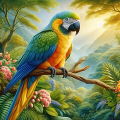 A hyper-realistic illustration of a parrot, sat on a branch, in a beautiful nature scene. 03