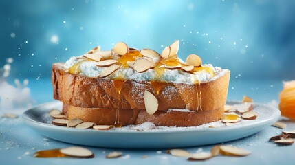 French toast with butter and almonds on a blue background, close-up