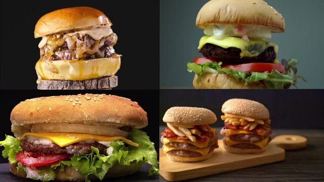 Hamburguesas muy sabrosas de distintas variedades girando, reci&eacute;n hechas para tentar a tus clientes. Muestras del men&uacute; que se ofrece. Sandwhiches ricos y tentadores.