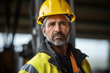 Portrait of mature professional man, wearing a helmet and safety gear, operating heavy machinery at a construction site