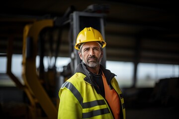 Portrait of  caucasian mature professional man, wearing a helmet and safety gear, operating heavy machinery at a construction site