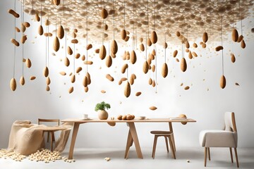 Craft an enchanting scene featuring peanuts delicately suspended in mid-air against a seamless white backdrop. 

 - obrazy, fototapety, plakaty