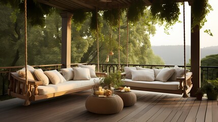 Serene veranda retreat featuring a wooden swing, hanging lanterns, and a canopy of vines creating a calming atmosphere