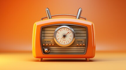 Orange retro radio with alarm clock on orange background