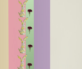 Easter pattern made of silver Easter bunnies on a pastel pink, green, lilac, beige and yellow background with red flowers. Repetitive Easter pattern. Minimal concept. Copy space.