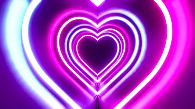 3D 4k abstract tunnel, neon animation - heart shapes - love concept