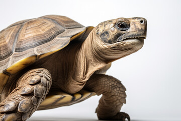 Tortoise close-up portrait on a white background.