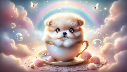 Adorable Fluffy Puppy in a Teacup: A Whimsical Journey Through Clouds and Rainbows