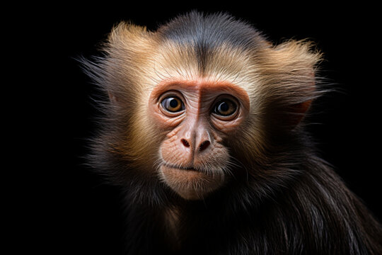 Tufted Capuchin close-up portrait on a black background.