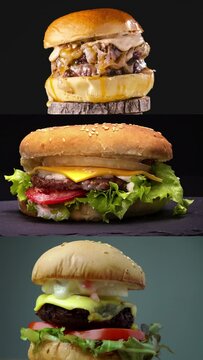 Hamburguesas muy sabrosas de distintas variedades girando, reci&eacute;n hechas para tentar a tus clientes. Muestras del men&uacute; que se ofrece. Sandwhiches ricos y tentadores.