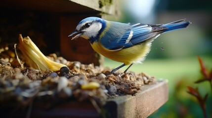 Obraz premium Blue tit (Cyanistes caeruleus) on a bird feeder