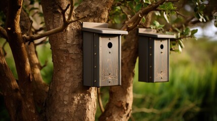 Nesting boxes on a tree in the garden