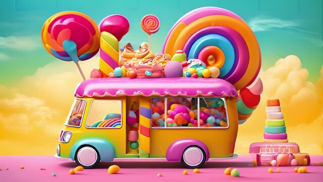 Colorful Ice Cream Truck Surrounded by Lollipops