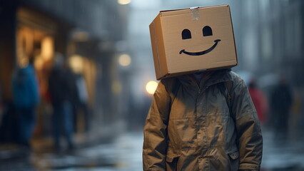 Someone wears a smiley box to cover up sadness with Generative AI