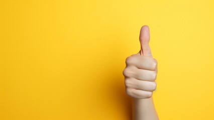 Close up photo of Woman hand thumb up with yellow background with Generative AI - obrazy, fototapety, plakaty