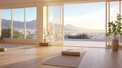 Serene yoga studio bathed in natural light, featuring spoty accents, bamboo flooring, and panoramic views