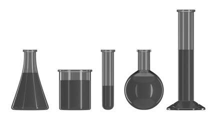 Set of laboratory glass with transparent background, PNG, 3d glassware, test-tube, black fluid