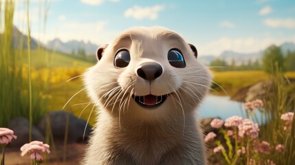 Funny little otter in the meadow