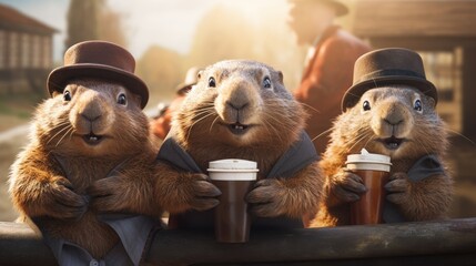 Couple of beaver in hats and scarves with cups of coffee