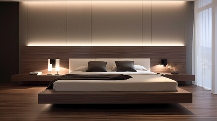 Simple bedroom design with a platform bed, recessed lighting, and a cohesive color palette