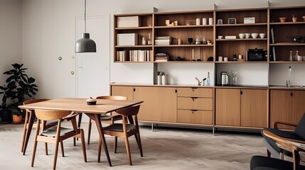 Sleek and functional mid-century kitchen in Copenhagen, with iconic furniture, open shelving, and a minimalist aesthetic