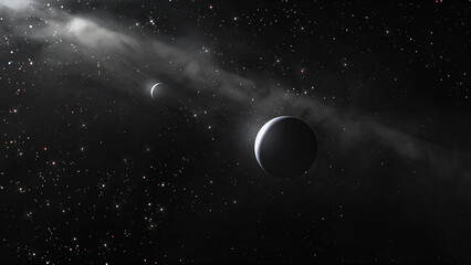 wizualizacja artystyczna planety z orbitującym wokół niej księżycem pośród międzyplanetarnego pyłu i gazu.