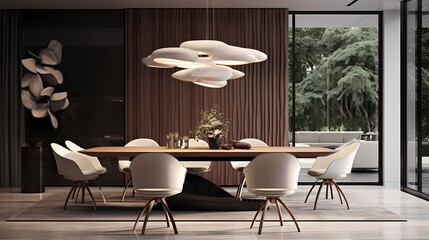 Sleek and stylish dining area with iconic chairs, a modern table, and a statement lighting fixture