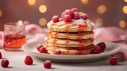 Plate with tasty pancakes and berries on table against blurred lights, closeup