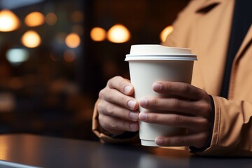 Close up caffeine Hand with take away coffee, laptop work ambience. - obrazy, fototapety, plakaty