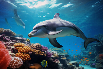 Obraz premium Dolphin swimming underwater in a colorful marine environment. Animal side portrait.