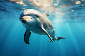 Dolphin swimming underwater. Animal front portrait.