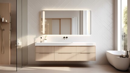 Fototapeta na wymiar Sleek bathroom design with a floating vanity, frameless mirror, and geometric tile accents