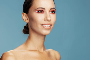 Woman studio color portrait smile face make-up model skin beauty girl fashion close-up