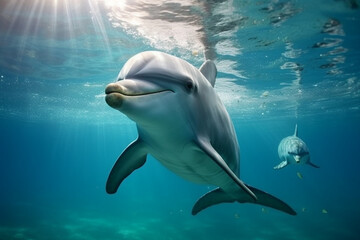Dolphin swimming underwater. Animal front portrait.