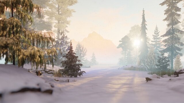 Light winter landscape with flying snowflakes and rays of the morning sun, 3D graphics render