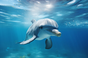 Fototapeta premium Dolphin swimming underwater. Animal front portrait.