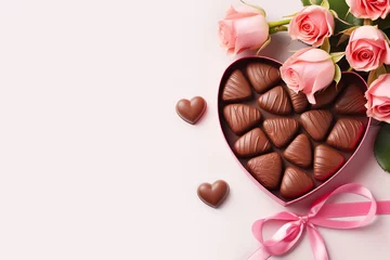 Gordijnen Luxury valentine chocolates in heart shaped gift box and tender roses, copy space © colnihko