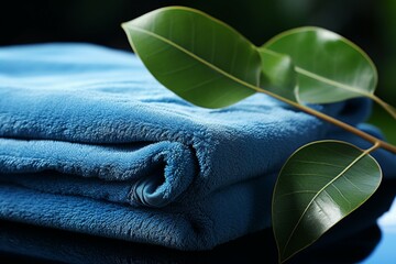 Blue tranquility Leaf and towel, natures touch on calming blue. - obrazy, fototapety, plakaty