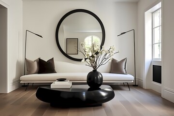 Sleek modern classic minimalist entryway with a statement mirror, streamlined furniture, and a welcoming ambiance