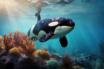 Orca swimming underwater. Animal side portrait.
