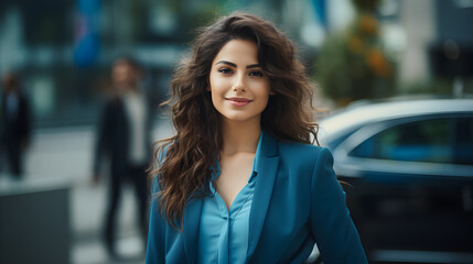 Businesswoman in Blue Attire, Confident Female Entrepreneur, Confident Business Persona