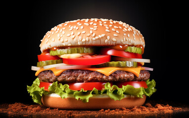Hamburger is decorated with various types of meat and vegetables, very beautiful and delicious.