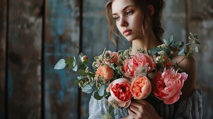 Beautiful young woman holding tender blooming bouquet of spring pink peony flowers standing in front of vintage wooden background with copy space.