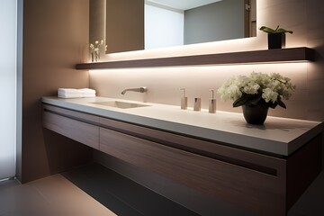 Fototapeta na wymiar Sleek modern classic minimalist bathroom featuring a floating vanity, mirror with integrated lighting, and a spa-like atmosphere