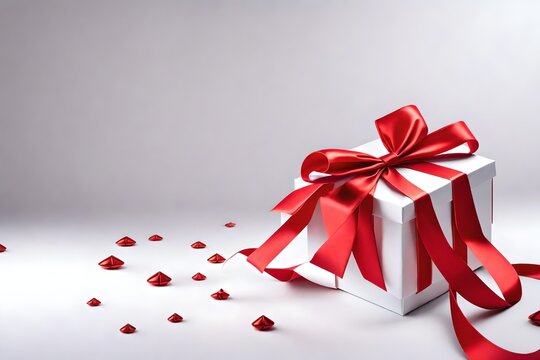 Create an exquisite 3D rendering of an open red gift box, adorned with rich red ribbons and a perfectly tied bow, elegantly isolated on a pristine white background.

