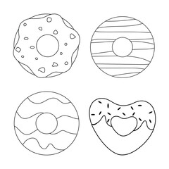 Set of doodle donuts black line. Outlined anti-stress coloring page donuts set. Coloring book page for adults and children. Color the set of donuts. Coloring pages for preschool kids.