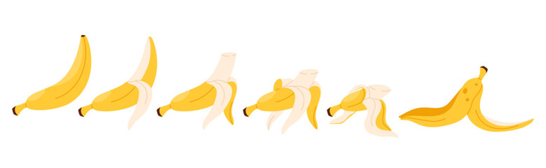 Eaten banana set of animation sequence. Stages of bites, bitten yellow tropical fruit with peel from whole to half and trash skin, banana pieces disappear when eating cartoon vector illustration