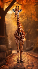Giraffe walking in the garden In the evening, a golden light shines. The atmosphere is very beautiful.