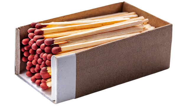 Wooden matchsticks in a cardboard box, isolated on transparent background